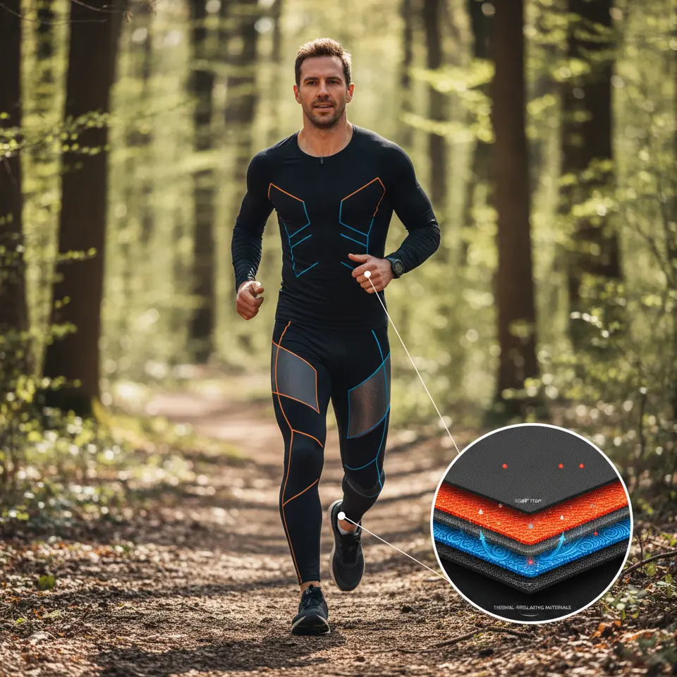 High-performance sportswear showcasing muscle support and temperature control: a runner wearing compression gear with color-coded overlays highlighting strategic compression zones on calves and thighs, plus layered fabric cross-sections illustrating thermal-regulating materials trapping or releasing heat.