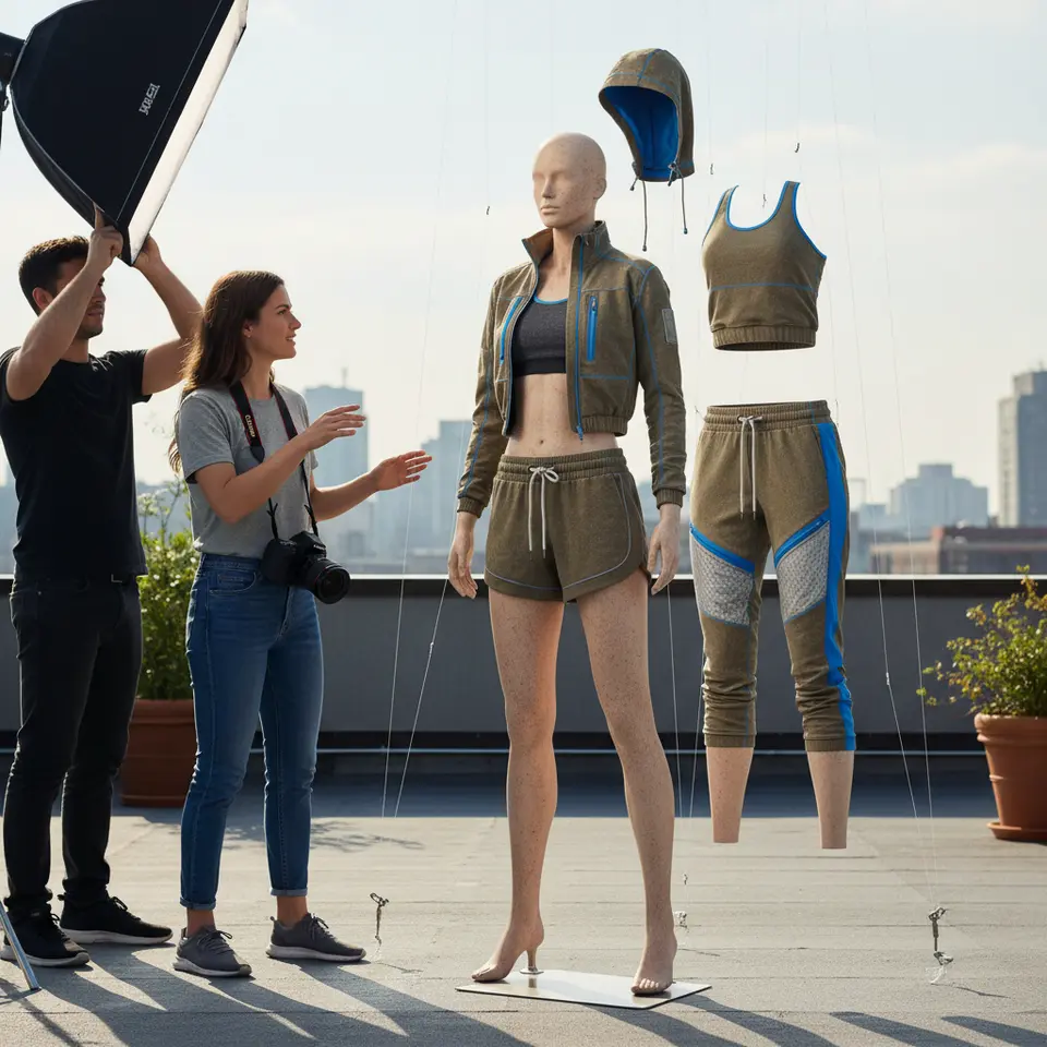 Modular athletic apparel with adjustable and adaptive features: a detailed exploded view of a sports jacket and leggings displaying detachable hood, zippered pockets, drawcord-adjustable waistband, convertible hems, and reflective tabs on a mannequin to showcase each modular component.