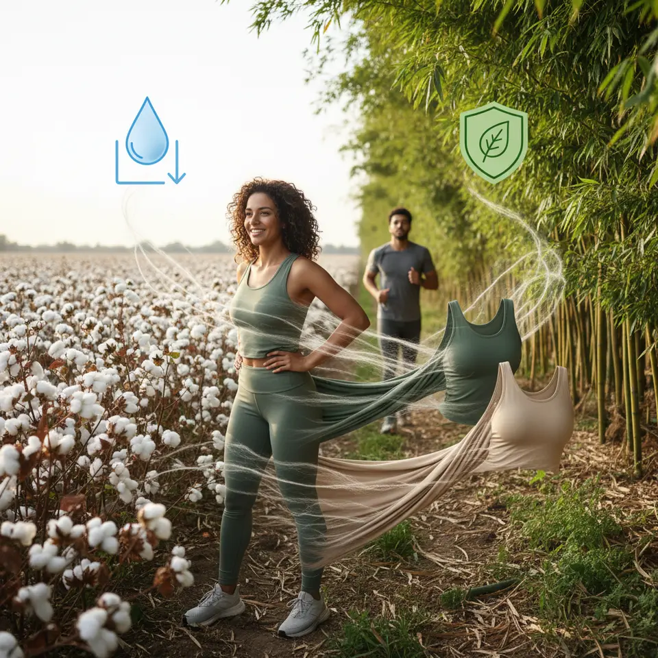 Organic and Plant-Based Fibers Transforming Activewear – A sun-drenched organic cotton field beside a bamboo grove, with raw fibers morphing into soft, moisture-wicking tank tops and leggings. Include visual cues of reduced water use (water droplet icon) and natural antibacterial properties (shield with leaf)