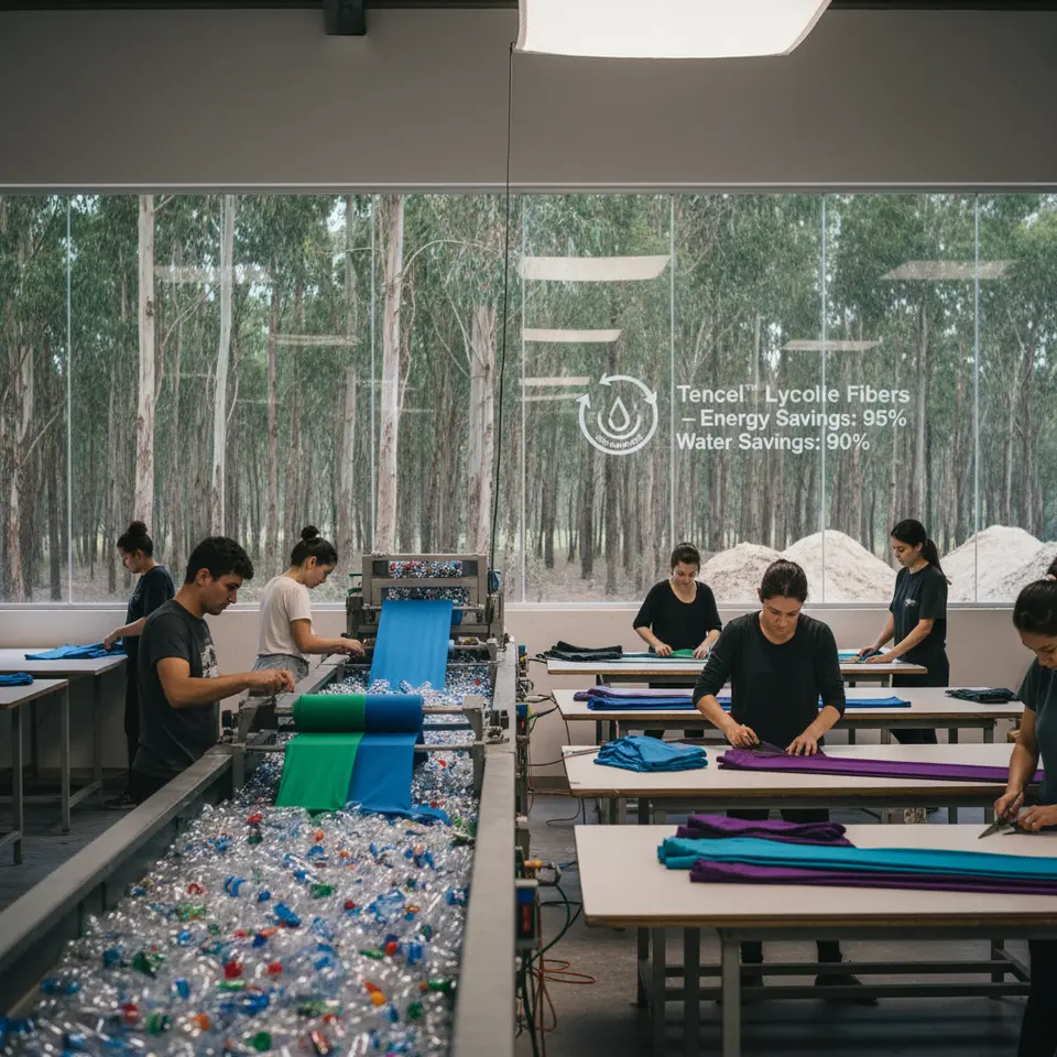 Recycled and Regenerated Synthetics for Performance – Post-consumer plastic bottles and industrial fabric scraps feeding into a closed-loop production line, emerging as vibrant rPET leggings. In the background, eucalyptus trees and wood pulp convey Tencel™ Lyocell fibers, complete with solvent-recovery symbols and energy-savings stats.