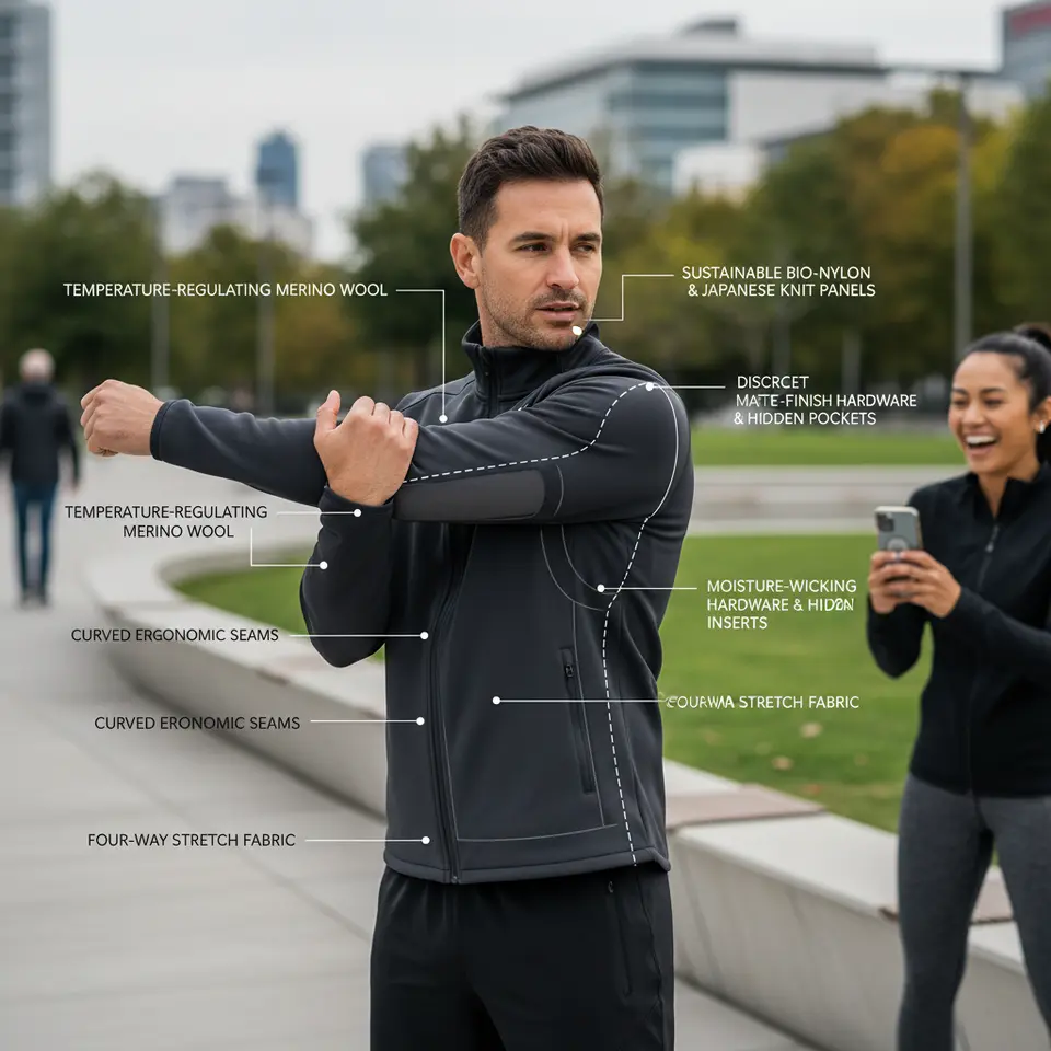 Defining Characteristics of Luxury Sportswear for Men: a cutaway-style illustration of a sleek athletic jacket highlighting temperature-regulating merino wool, sustainable bio-nylon and Japanese knit panels, curved ergonomic seams, moisture-wicking mesh inserts, four-way stretch fabric and discreet matte-finish hardware with hidden pockets