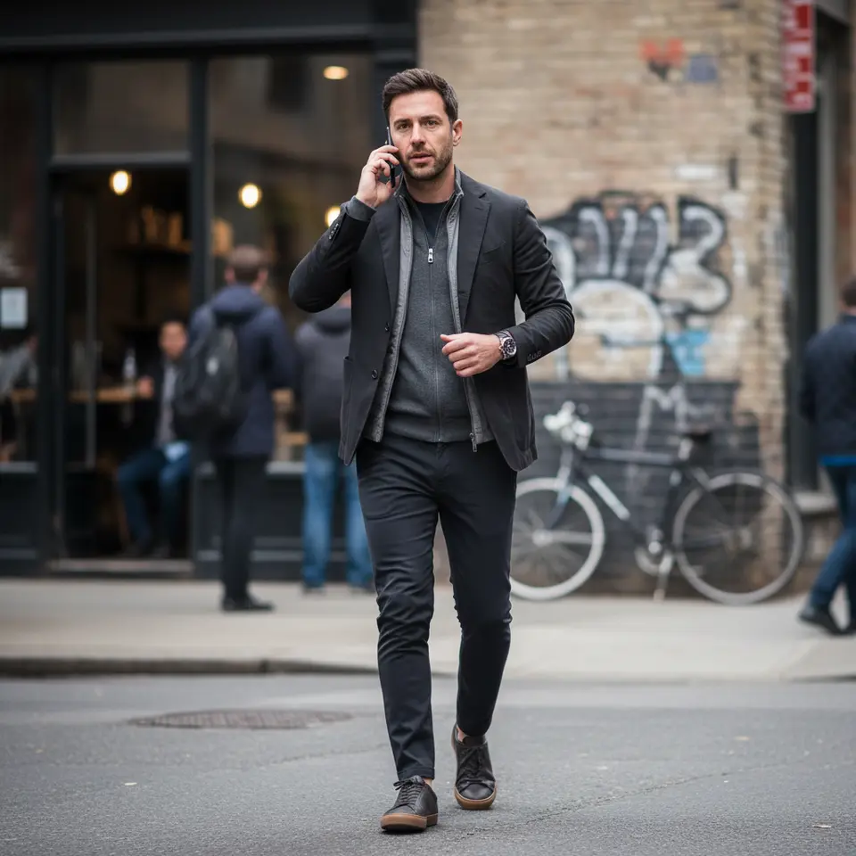 Effective Styling Strategies for Elevated Activewear: a street-style scene showing a man layered in charcoal performance base layers under a tailored bomber jacket, slim technical joggers, minimalist leather-sole sneakers, a leather-strap sports watch and a water-resistant hybrid blazer, all in muted tonal colors